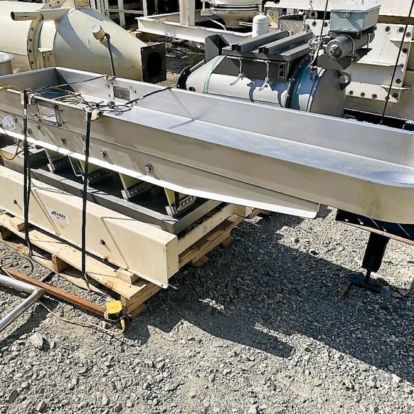 18 “ WIDE X 86 “ LONG PAN LENGTH X 5” DEEP ALLEN VIBRATING CONVEYOR WITH 10 “ OD OUTLET.