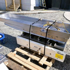 18 “ WIDE X 86 “ LONG PAN LENGTH X 5” DEEP ALLEN VIBRATING CONVEYOR WITH 10 “ OD OUTLET.