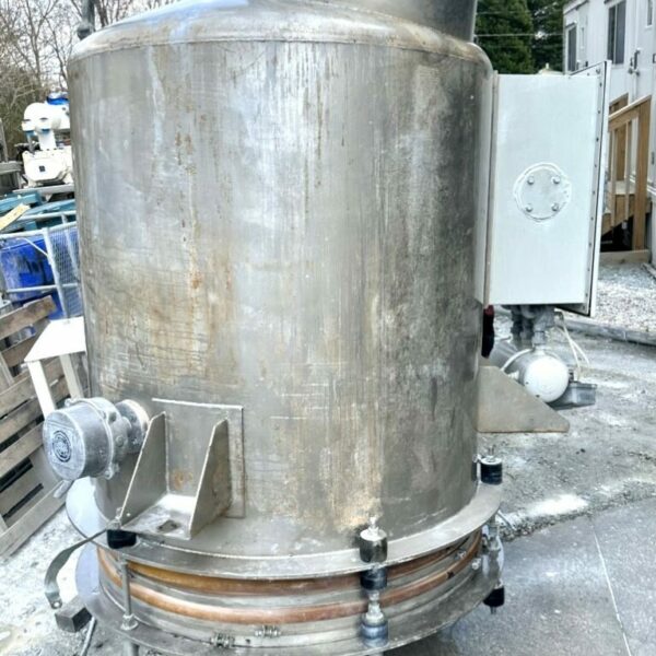 60 CUBIC FOOT; 4’ DIAMETER x 9’ HIGH AZO STAINLESS HOPPER WITH BIN ACTIVATOR AND SIDE MOUNTED PULSE JET FILTER, STAINLESS