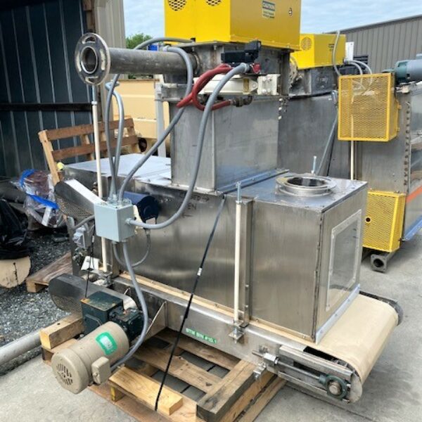 ITEM 2695-1:  21 CUBIC FOOT STAINLESS STEEL HOPPERS WITH 24” WIDE BELT FEEDERS (TWO UNITS AVAILABLE, PRICED EACH)