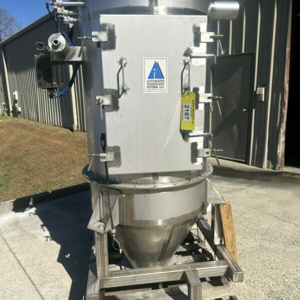 ITEM 2187: 3’ x 80” TALL AUTOMATED INGREDIENT SYSTEMS REVERSE PULSE JET STAINLESS DUST COLLECTOR, USED
