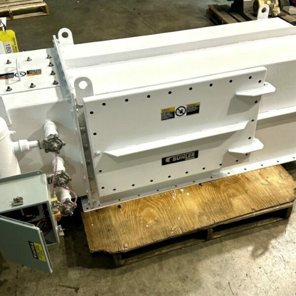 ITEM 1801: 100 SQUARE FOOT FILTER AREA BUHLER HORIZONTAL MOUNTED BIN VENT FILTER, PULSE JET CLEANING, WITH EXHAUST FAN