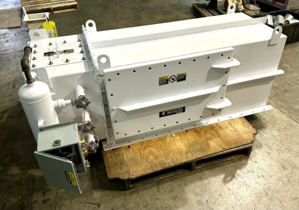 ITEM 1801:   100 SQUARE FOOT FILTER AREA BUHLER HORIZONTAL MOUNTED BIN VENT FILTER, PULSE JET CLEANING, WITH EXHAUST FAN