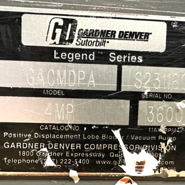 ITEM 3019: GARDNER DENVER BARE SHAFT BLOWER MODEL GACMDPA CATALOG NO. 4MP