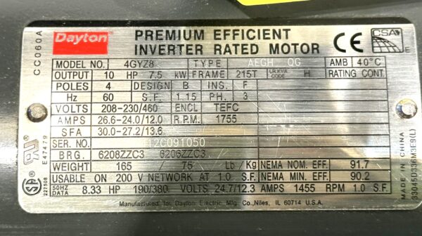 ITEM 3064: 10 HP DAYTON INVERTER DUTY MOTOR MODEL 4GYZ8 FRAME 215T;  UNUSED - Image 5