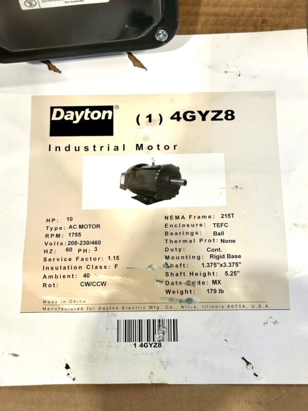 ITEM 3064: 10 HP DAYTON INVERTER DUTY MOTOR MODEL 4GYZ8 FRAME 215T;  UNUSED - Image 6