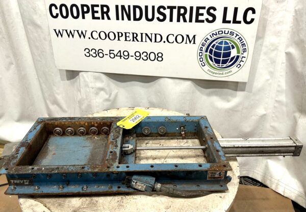 ITEM 2962:   14”x14” ABEL PNEUMATIC ROLLING BLADE KNIFE GATE CARBON STEEL USED